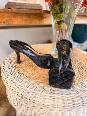 Black Quilted Square-Toe Heeled Mules